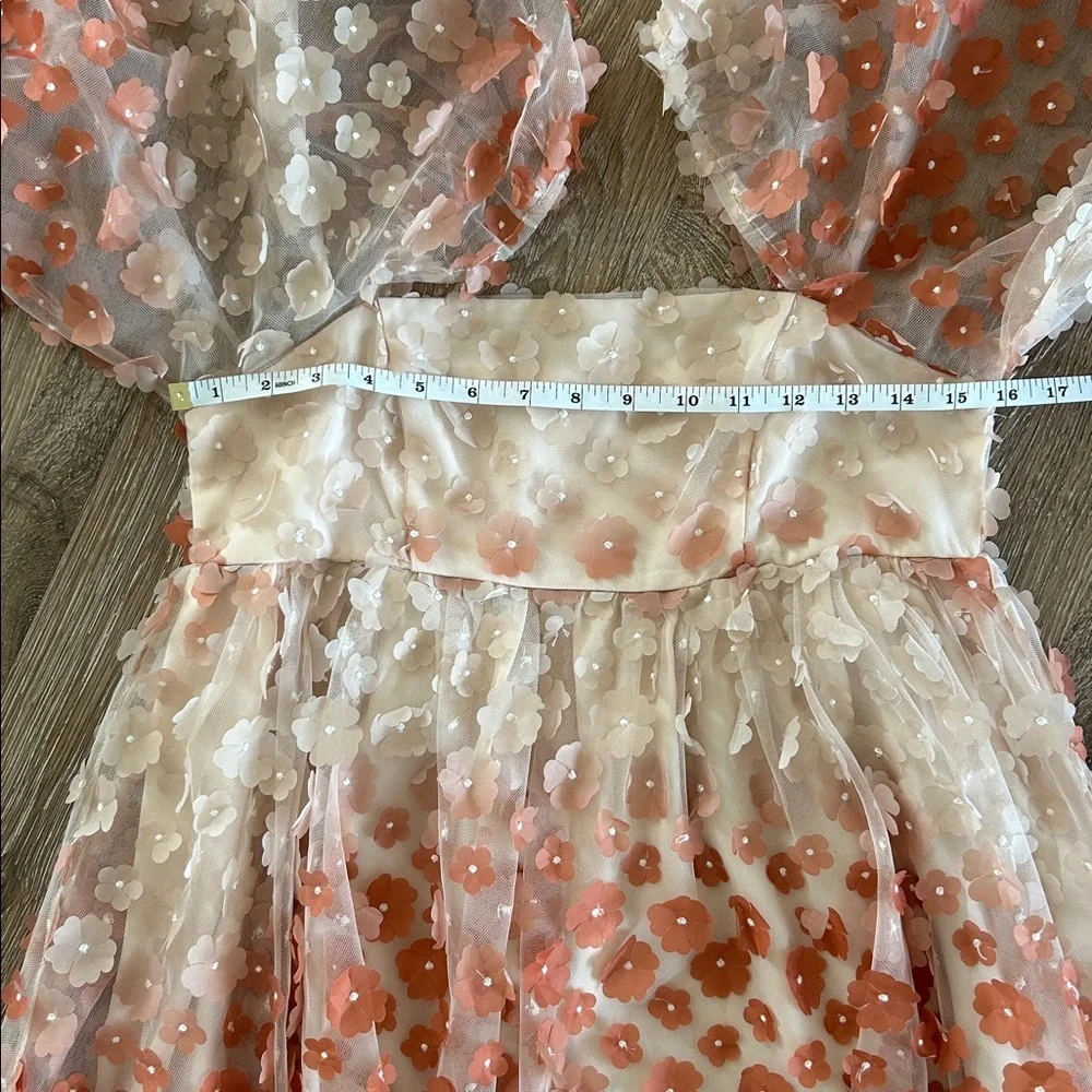 Vestiqúe Fairycore Romantic Sheer 3D Floral Babydoll Dress Puff Sleeves.​​